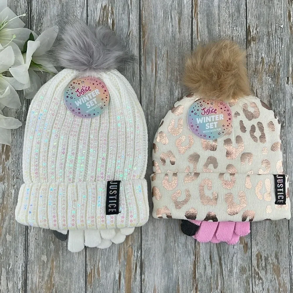 Girls Justice Ribbed & Full Print Winter Cozy Beanie and Gloves 2, 2-Piece Sets